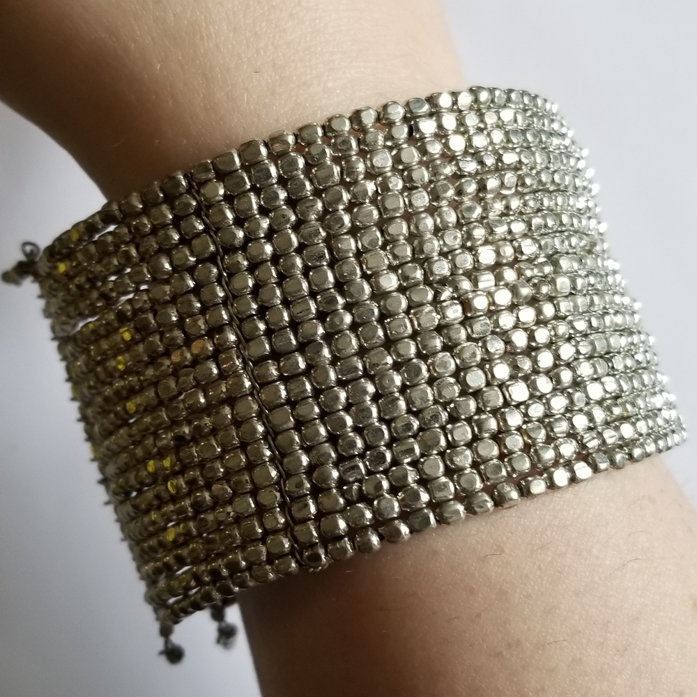 Wide silver tone metal beaded cuff bracelet memory wire boho tribal bohe